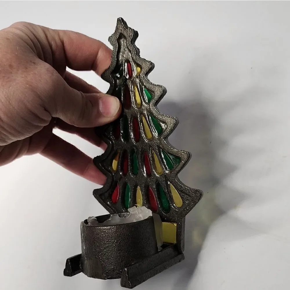 Vintage real Stained Glass Cast Iron Votive Candle Holder CHRISTMAS TREE